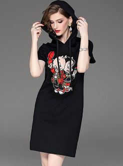 Casual Cartoon Embroidered Hooded T-shirt Dress