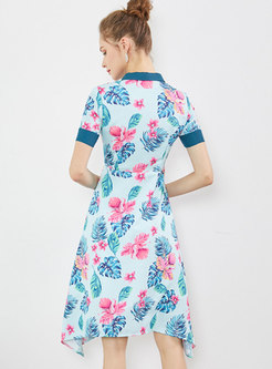 Print Lapel Bowknot Asymmetric Midi Dress