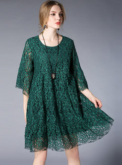 Lace Solid Color Flare Sleeve Loose Dress