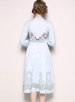 Standing Collar Bowknot Waist Print Dress