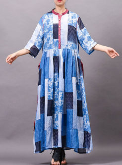 Ethnic O-neck Plaid Big Hem Maxi Dress
