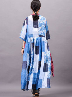 Ethnic O-neck Plaid Big Hem Maxi Dress