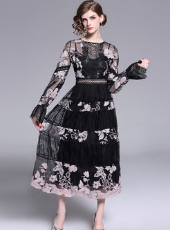 Black Long Sleeve Embroidered Maxi Dress