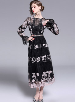 Black Long Sleeve Embroidered Maxi Dress