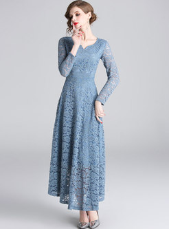 Stylish Solid Color Lace V-neck Maxi Dress