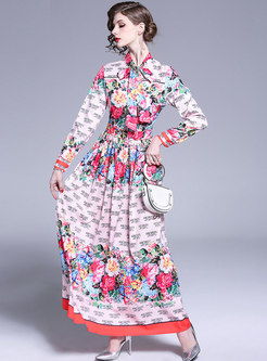 Fashion Print Bowknot Collar Big Hemm Maxi Dress