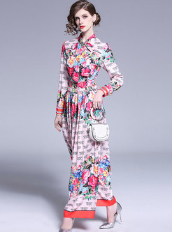 Fashion Print Bowknot Collar Big Hemm Maxi Dress