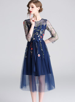 Mesh Embroidered High Waisted Skater Dress