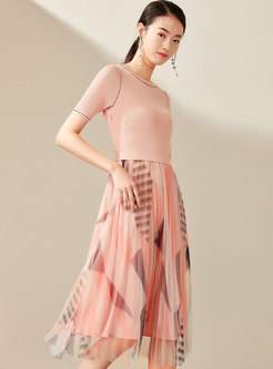 Stylish Mesh Knitted Splicing High Waist Dress