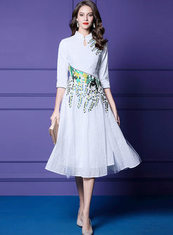 Mandarin Collar Embroidered A Line Dress