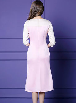 V-neck Color-blocked Embroidered Slim Dress
