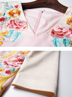 V-neck Color-blocked Embroidered Slim Dress