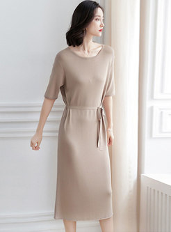 Solid Color Half Sleeve Belted Slim Sweater Dress