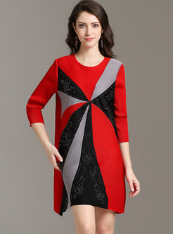 Color-blocked Drilling O-neck Pleated Shift Dress