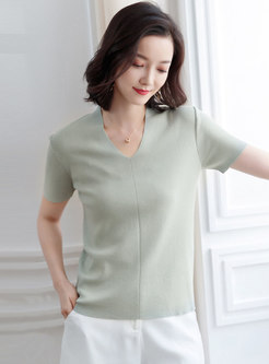 Pure Color V-neck Short Sleeve Knitted Top