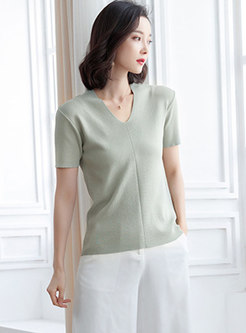 Pure Color V-neck Short Sleeve Knitted Top
