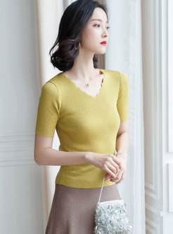 Pure Color V-neck Slim Knitted Top