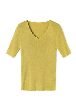 Pure Color V-neck Slim Knitted Top