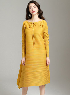 Solid Color Tie-collar Asymmetric Pleated Dress