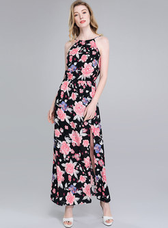Stylish Floral Sleeveless Slit Slim Maxi Dress