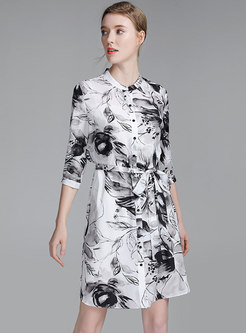 Chic Print Stand Collar Belted Slim Dress With Cami