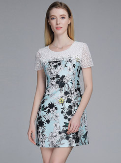 Print Splicing O-neck Slim Mini Dress