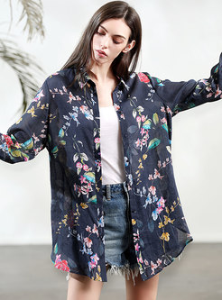 Print Loose Turn-down Single-breasted Blouse 