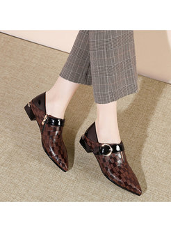 Genuine Leather Plaid Pointed Toe Buckle Shoes