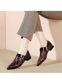 Genuine Leather Plaid Pointed Toe Buckle Shoes