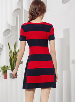 Fashion V-neck Ribbon Striped Skater Dress