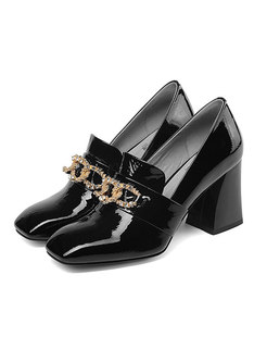 Stylish Square Toe Chunky Heel Drilling Leather Shoes