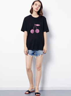 Brief Embroidered Black Slim Casual Cotton T-shirt 