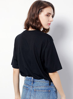 Brief Embroidered Black Slim Casual Cotton T-shirt 
