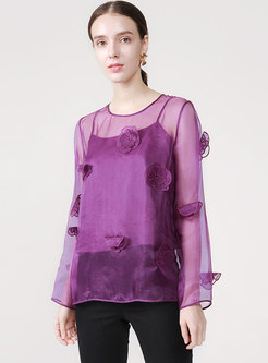 Brief Solid Color Stereoscopic Flower Loose T-shirt 