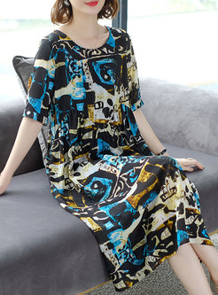 Print O-neck Half Sleeve Silk Skater Dress