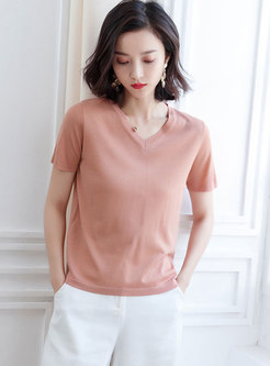 Casual Solid Color V-neck Short Sleeve Knitted Top