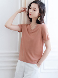 Casual Solid Color V-neck Short Sleeve Knitted Top