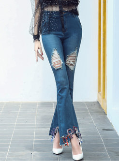 Denim Embroidered High Waist Hollow Out Flare Pants