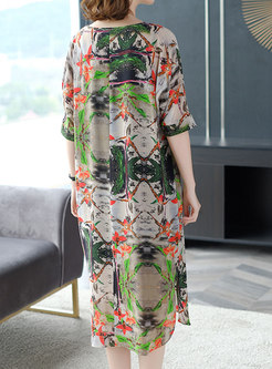 Stylish Print V-neck Silk Shift Dress