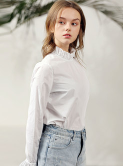 Cotton Ruffled Collar Flare Sleeve Pullover Blouse