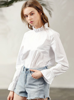 Cotton Ruffled Collar Flare Sleeve Pullover Blouse