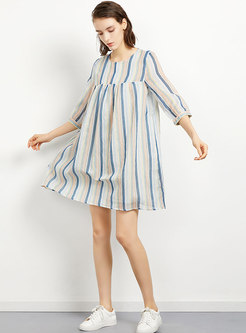 Casual Striped O-neck Loose Mini Dress