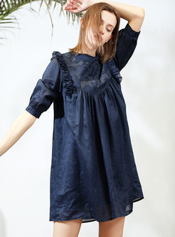 Pure Color Embroidered Half Sleeve Shift Dress