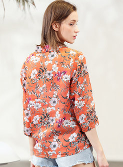 Chic Floral Print Turn-down Collar Bilouse