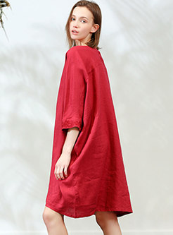 Brief Solid Color Loose Tied Gathered Waist Dress