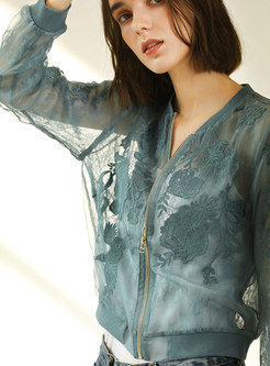 Pure Solid Embroidered Flower Perspective Coat