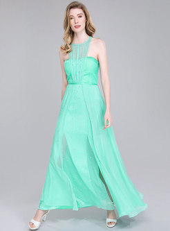 Elegant Splicing Sleeveless High Waist Slit Maxi Dress