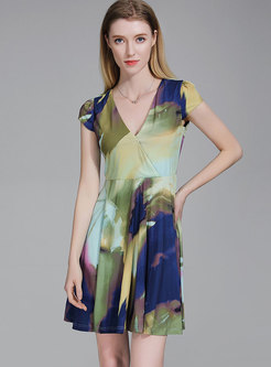 Elegant Print V-neck High Waist A Line Dress