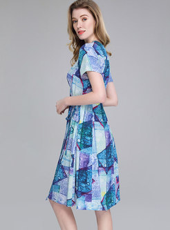Stylish Print V-neck Tie-waist Slim Midi Dress