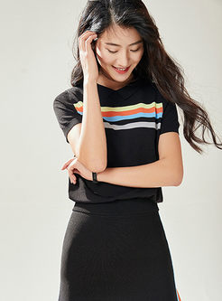 Casual O-neck Color-blocked Striped T-shirt